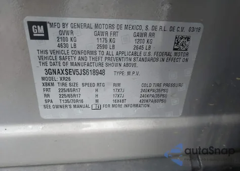 2018 Chevrolet Equinox Lt из США, поврежденный, VIN 3GNAXSEV5JS618948